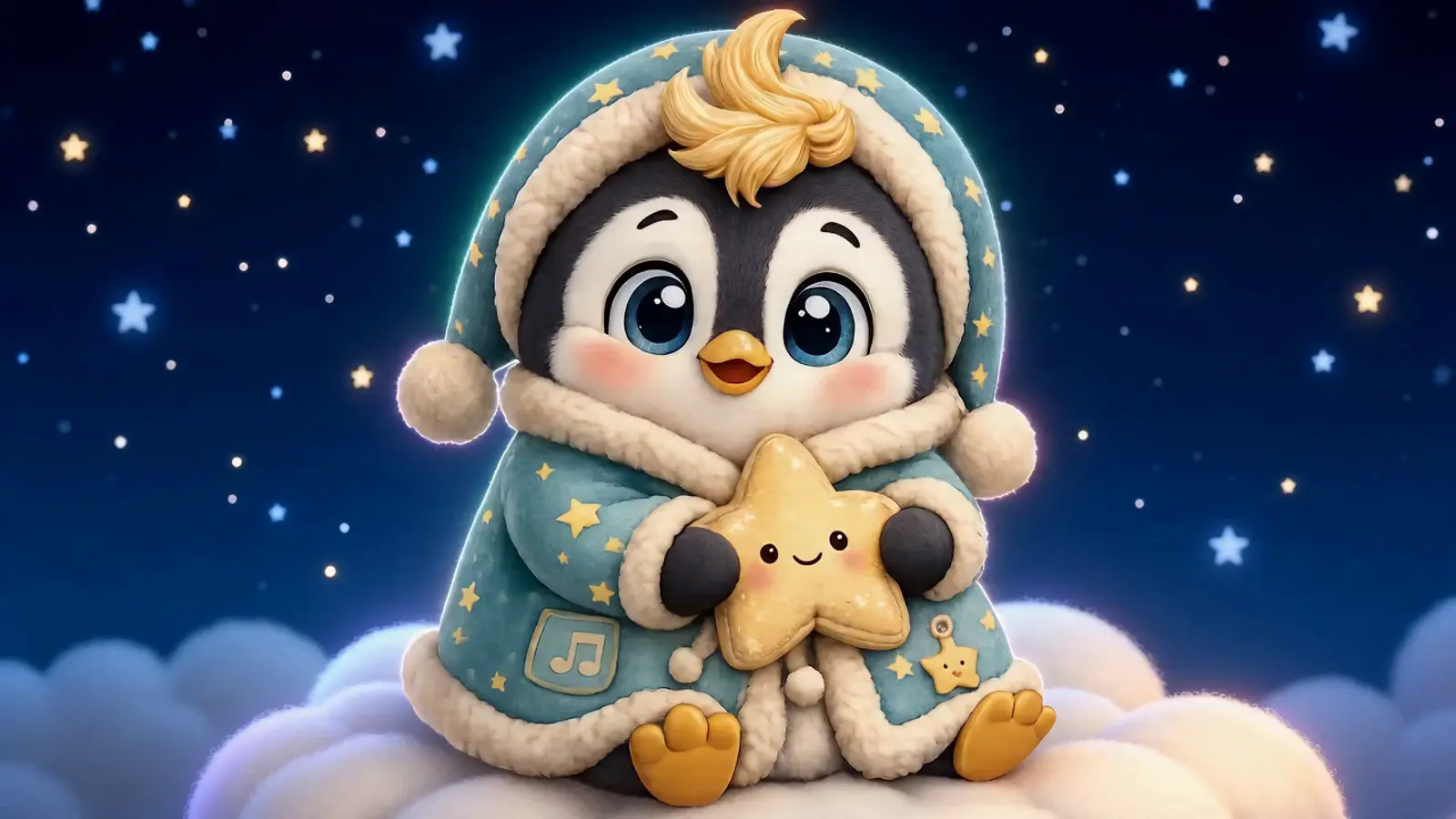 Snuddle penguin in a starry nursery, watching over a sleeping baby