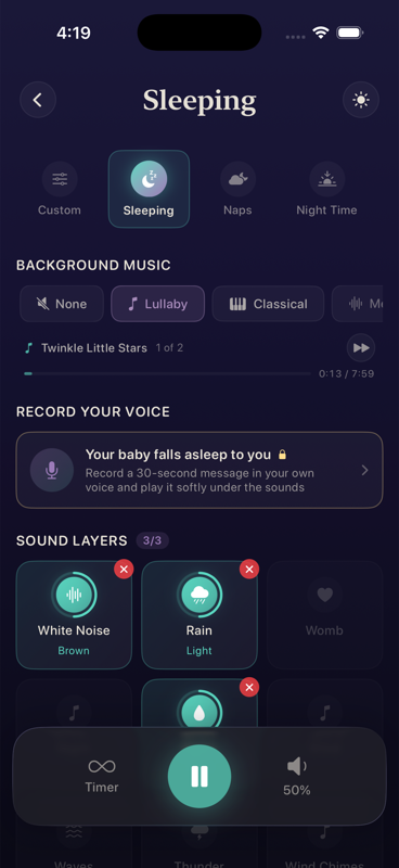 Snuddle mixer with layered sounds, music and per-layer volume