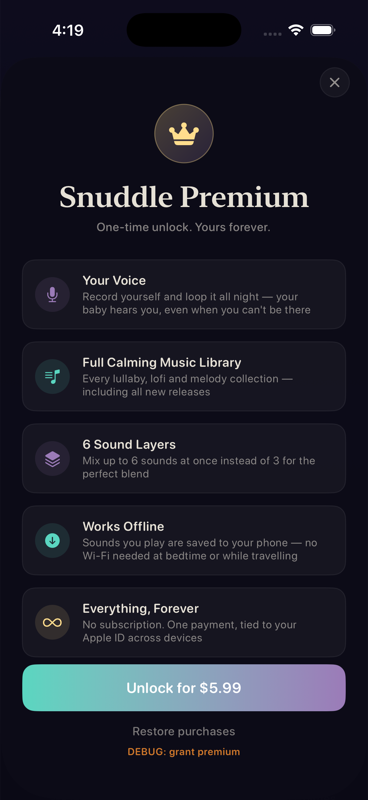 Snuddle Premium — one-time unlock screen