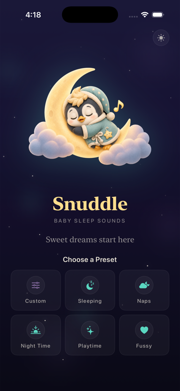 Snuddle welcome screen with preset grid